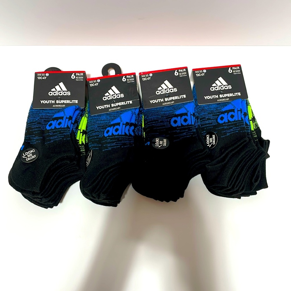 adidas Youth superlite AEROREADY 6 pair No Show socks bundle of 4 Sizes M, L